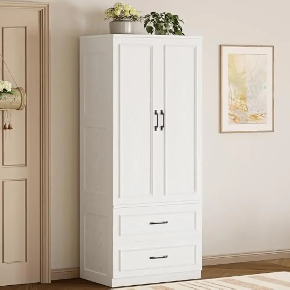 

70" H Armoire Wardrobe Closet with 2 Doors and 2 Drawers Wooden Bedroom Freestanding Wardrobe Combination for Hanging Clothes