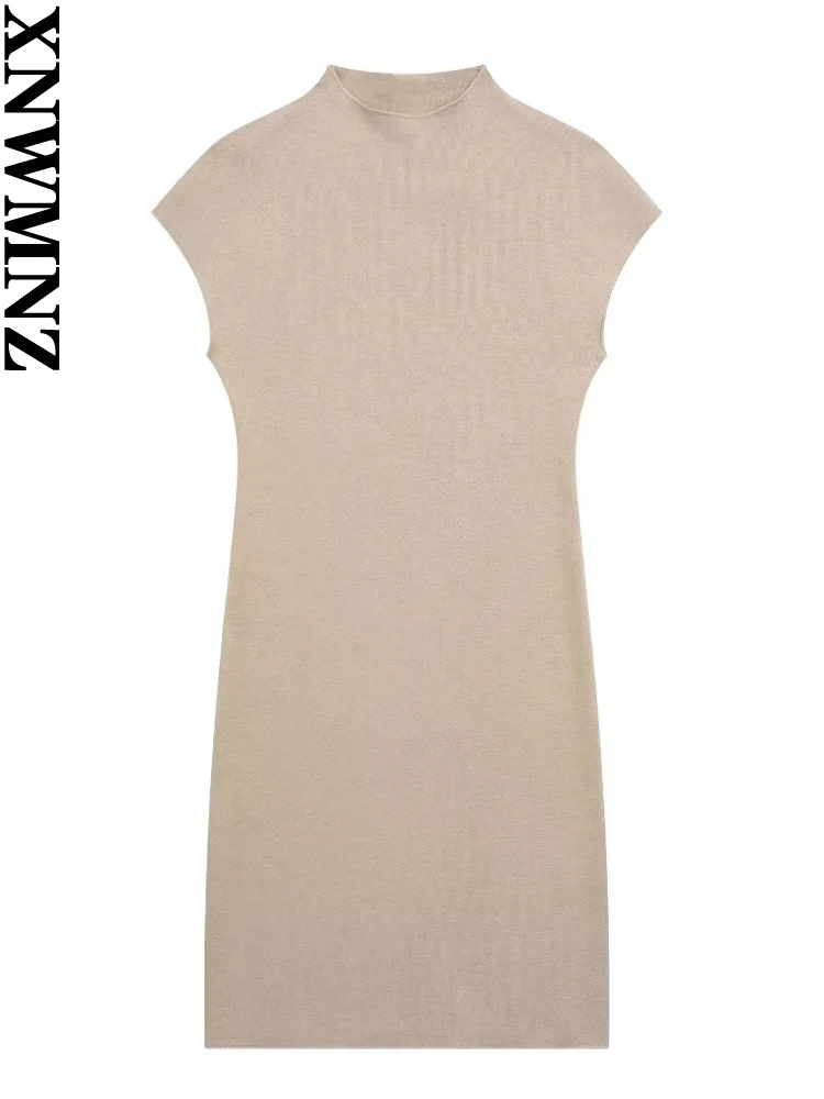 XNWMNZ Women's Fashion 2023 Elastic Knitted Short Dress Women Vintage High Neck Short Sleeve Slim Sexy Female Mini Dresses