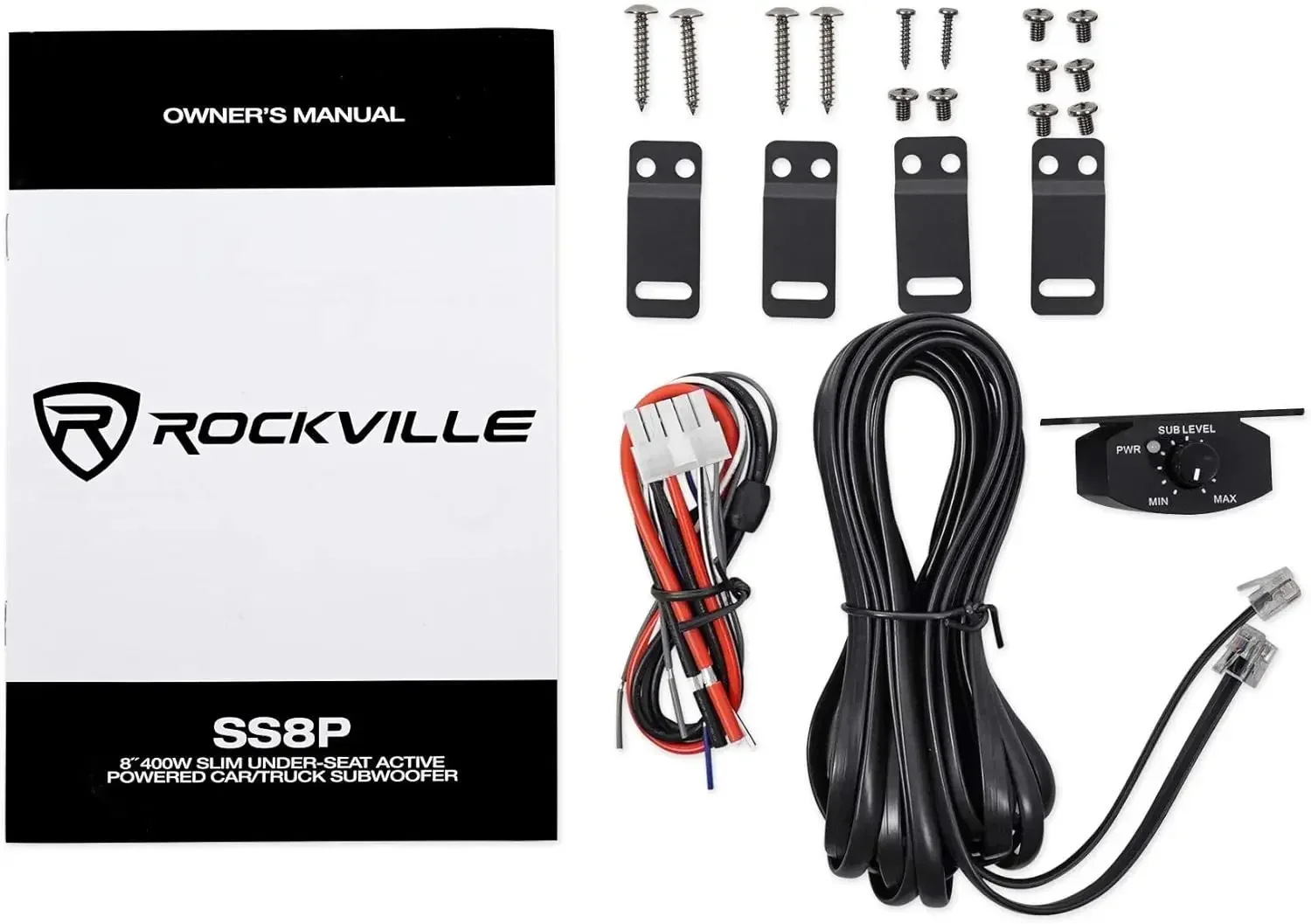 Rockville SS8P 400w 8" subwoofer delgado para automóvil/camión con alimentación activa debajo del asiento, negro