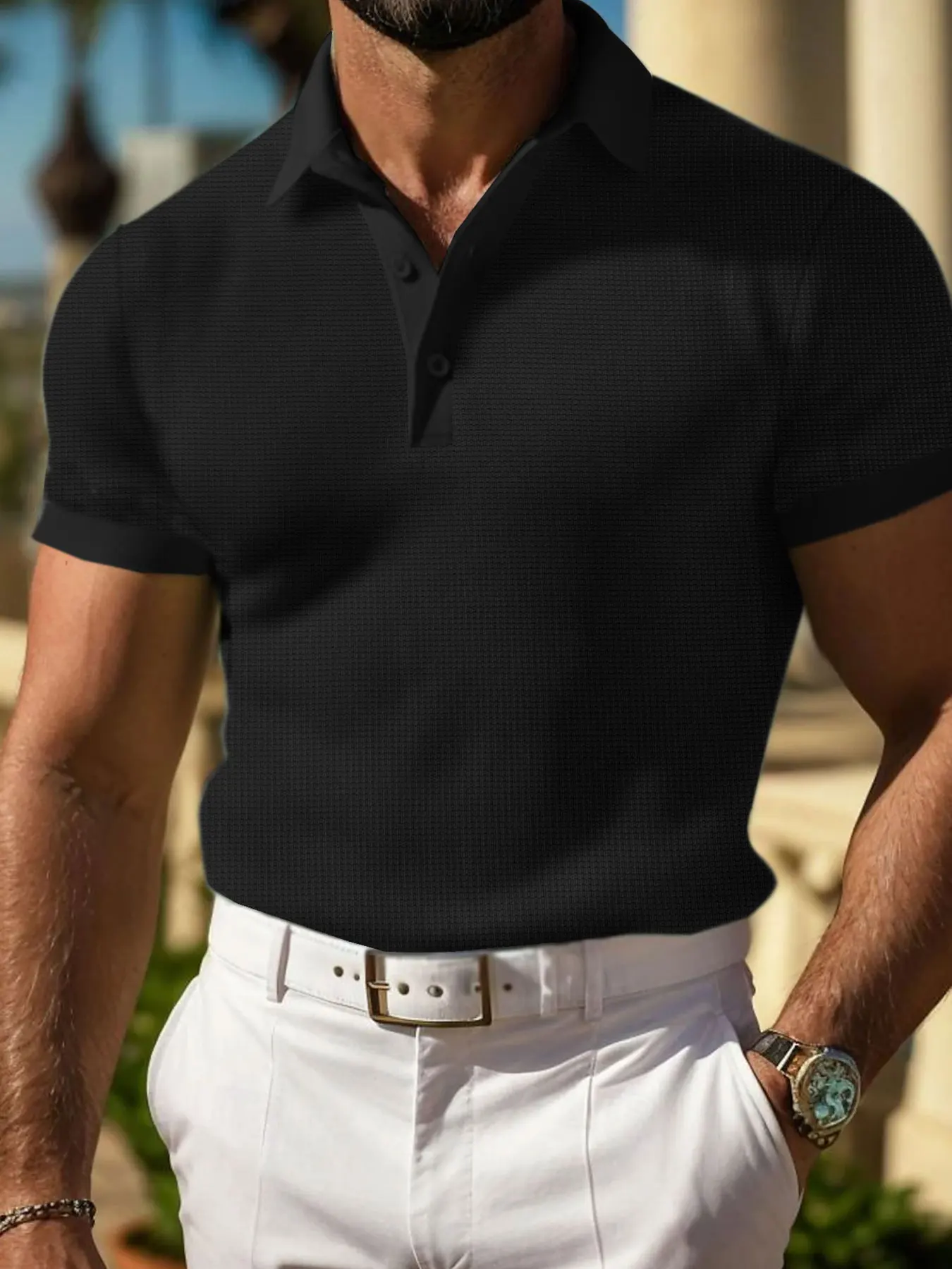 Men's fashionable muscle Polo shirt casual V-neck short-sleeved T-shirt classic knitted waffle golf shirt