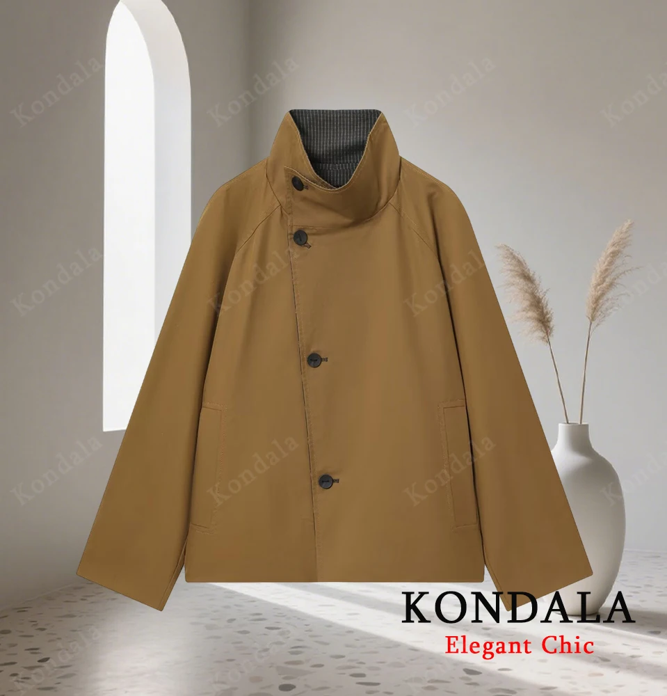 

KONDALA Fall Women Vintage Double Sided Trench Coat High Neck Buttons Short Coat 2025 Autumn Fashion High Street Lady Coat