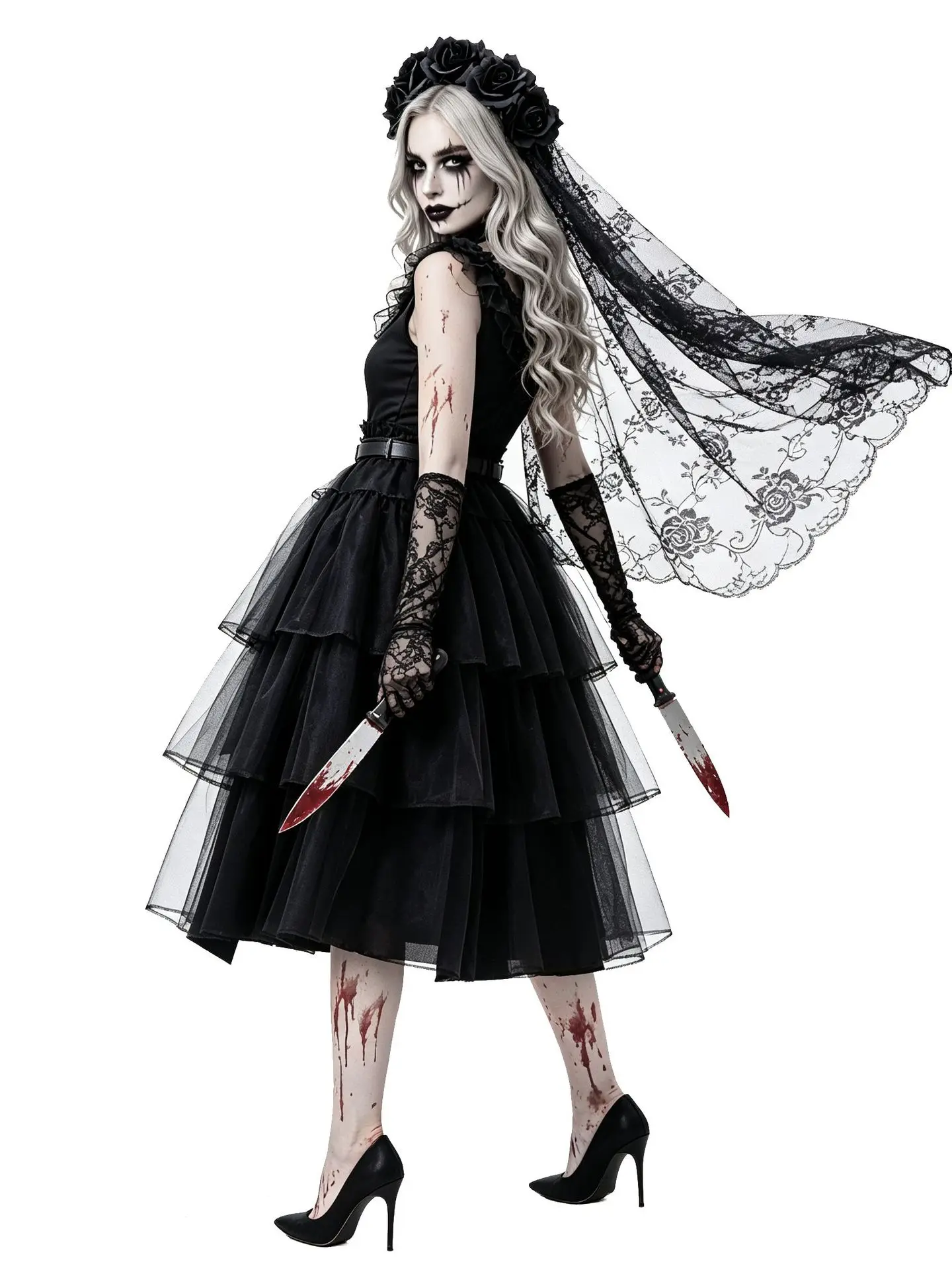 Damen Gothic Blutige Zombie-Braut Cosplay-Kleid mit Rosen-Schleier, Spitzenhandschuhen, Halloween, dunkler Horror, Bühnen-Rollenspiel, Kostüm – Detail 11