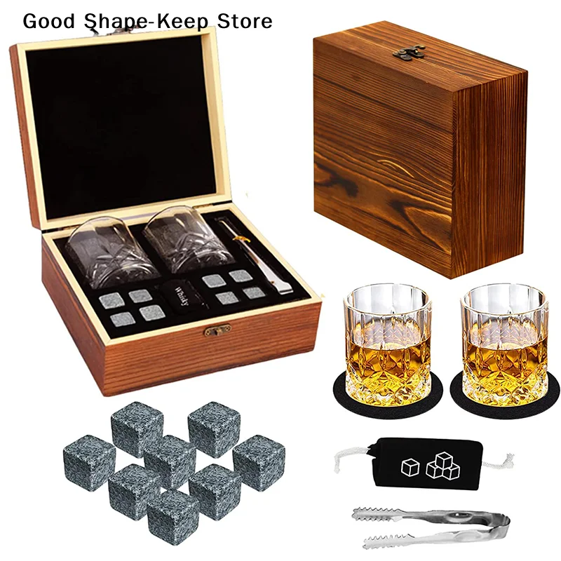 Set 8 Pcs Granite Ice Cubes+ 2 Pcs Cups For Whisky In Wooden Bottle Box Present For Dad Father'S Day Gift For Men Whiskey Stones