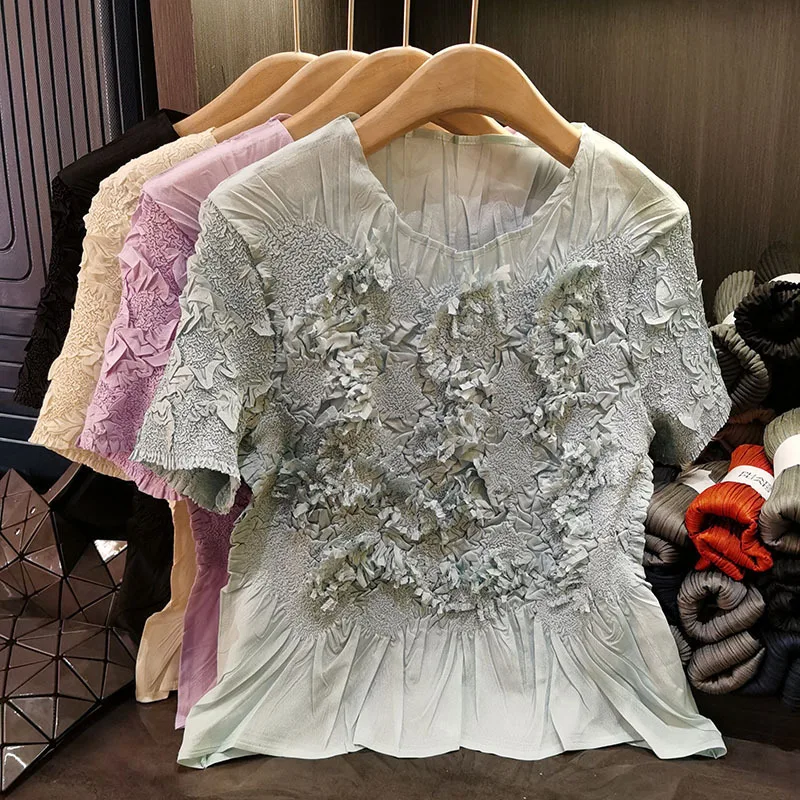 Miyake Pleated T-shirt Handmade Stacked Flowers Fold Round Neck T-shirt Summer New Solid Versatile Thin Short-sleeved Pleat Tops