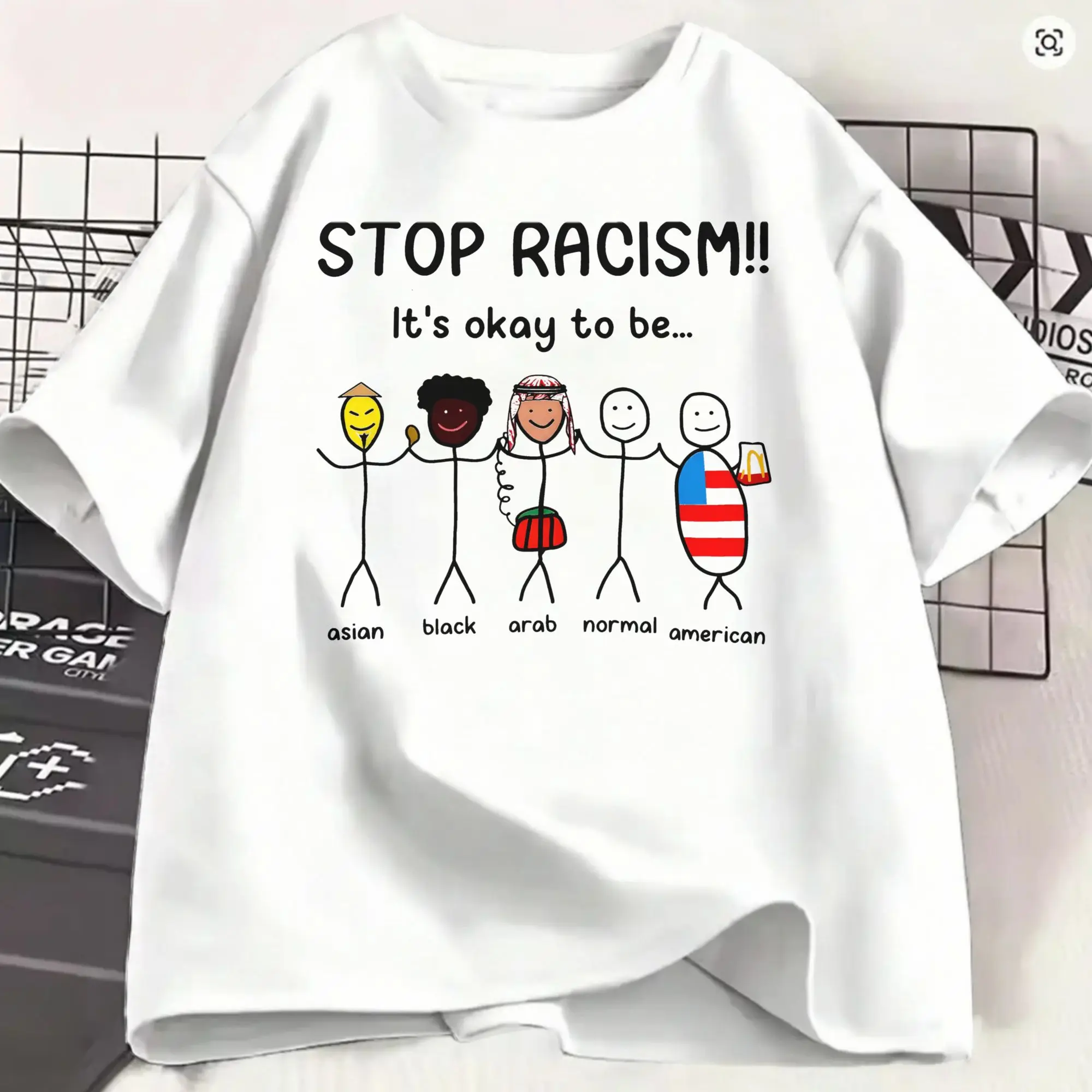 Unique Stop Racism Its Ok to Be T-Shirt Men Crewneck Cotton T Shirt  Short Sleeve Tees Birthday Gift Clothing