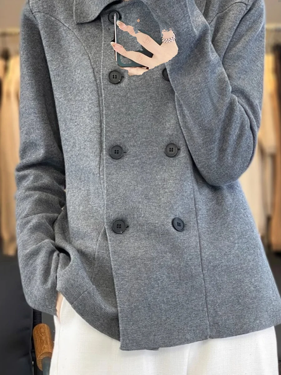 

Вязаный свитер с воротником Ele, осенняя новинка, шерстяной, на двойной пуговице, базовый слой, верхняя одежда, с длинными рукавами, для повседневной носки