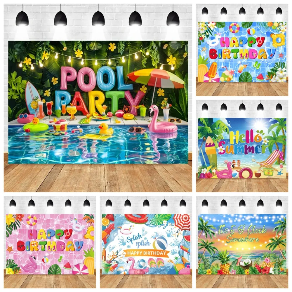 

Hawaiian Seaside Tropical Swimming Beach Decorative Banner Background, Summer Pool Palm Tree Vacation Party Photography Backdrop