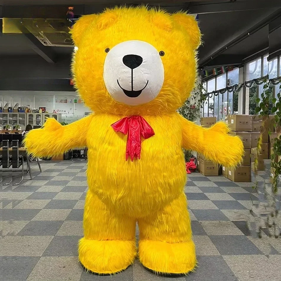 Disfraz de mascota de oso de peluche inflable de piel larga amarilla, ropa inflable para adultos, Halloween, Carnaval, fiesta de Festival de Navidad