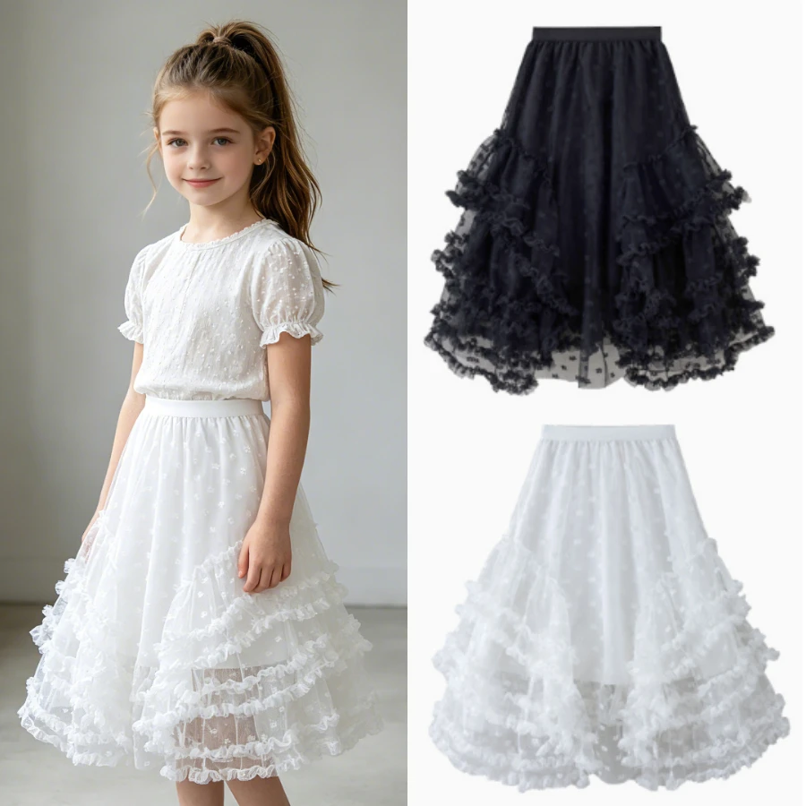 Toddler Girls Tiered Ruffle Tulle Maxi Skirt Elastic Waist Multi-layer Mesh Flared Skirt Kids Princess Party Birthday Outfit 8 Y