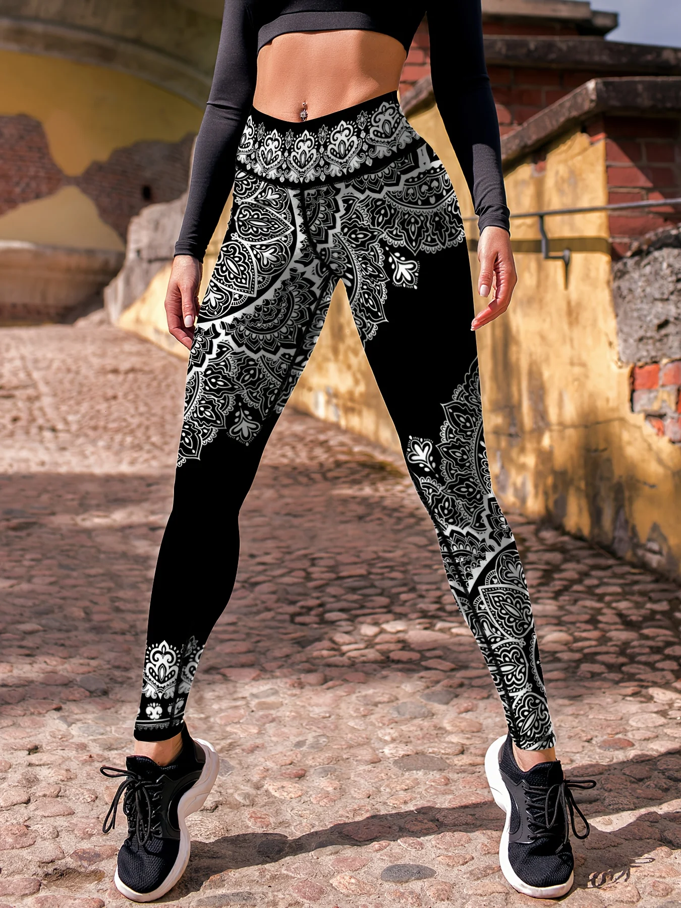 Women's Mid‑Rise Fleece Lined Leggings Magenta Mandala Floral Print Stretch Slim Warm Ladies Casual Pants - view 3