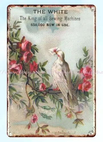 wall art wall 19th century rose bird THE WHITE SEWING MACHINE metal tin sign