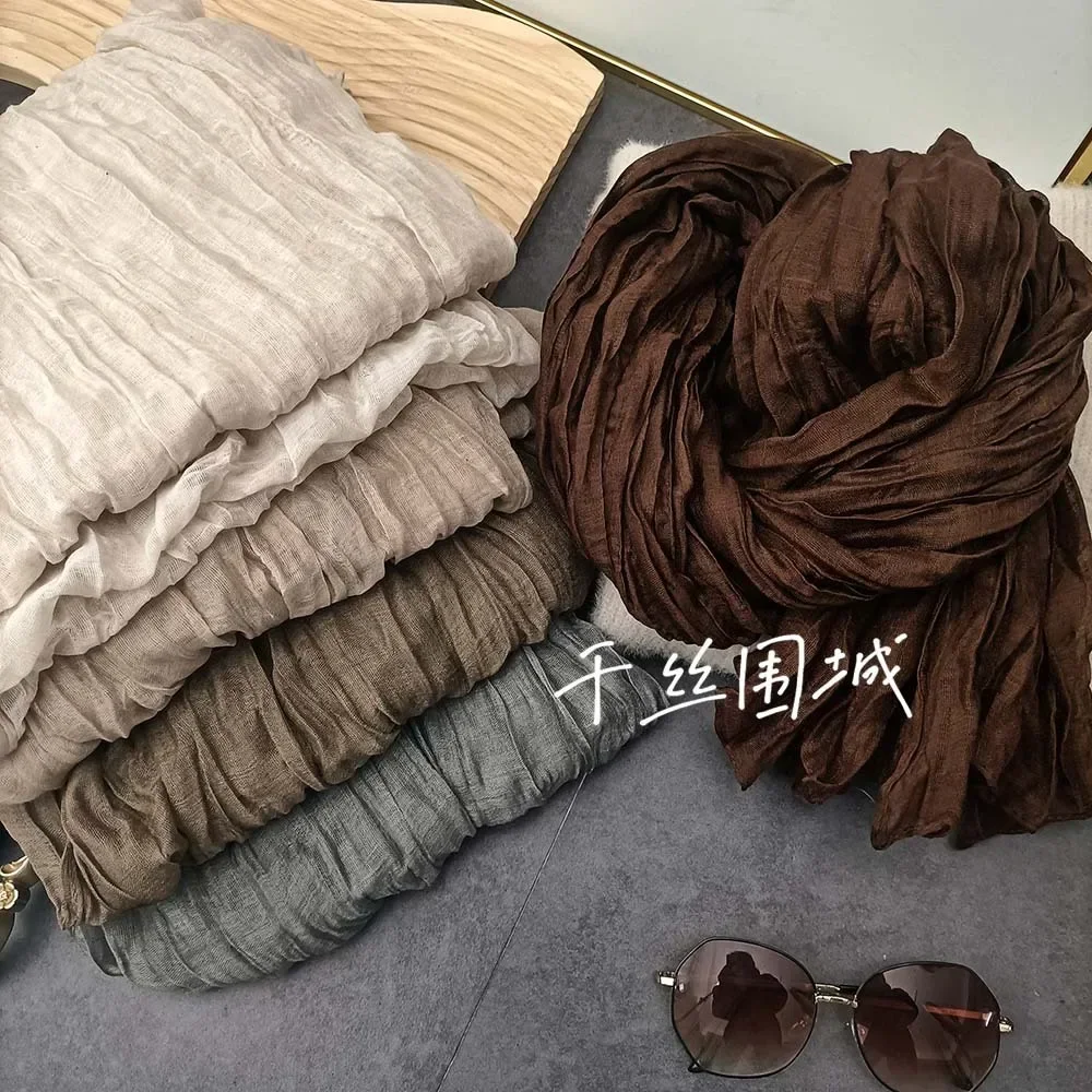 Solid Color Cotton Linen Scarf Retro Autumn Winter New Pleated Green Retro Thin Long Strip Shawl Men and Women's Warm Silk