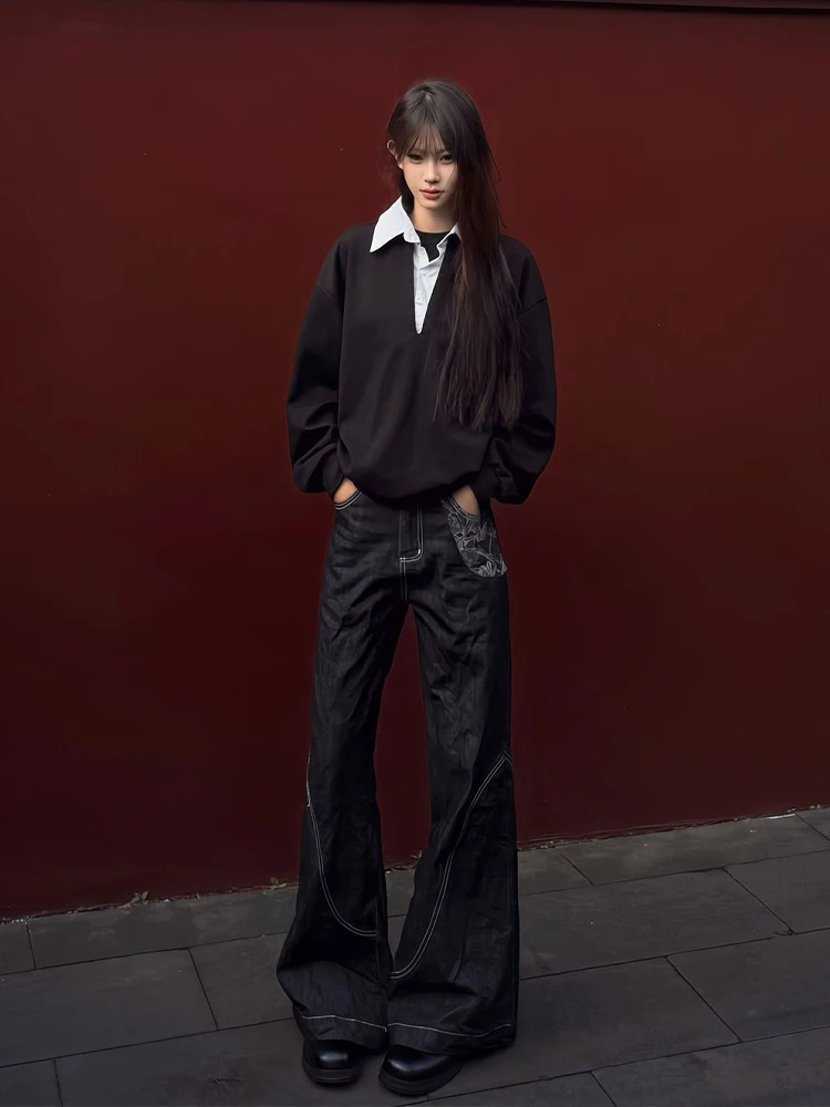 

American Sle High Waist Patchwork Embroidered Original Jeans Men Trendy High Street Vibe Straight Leg Micro Flared Pants