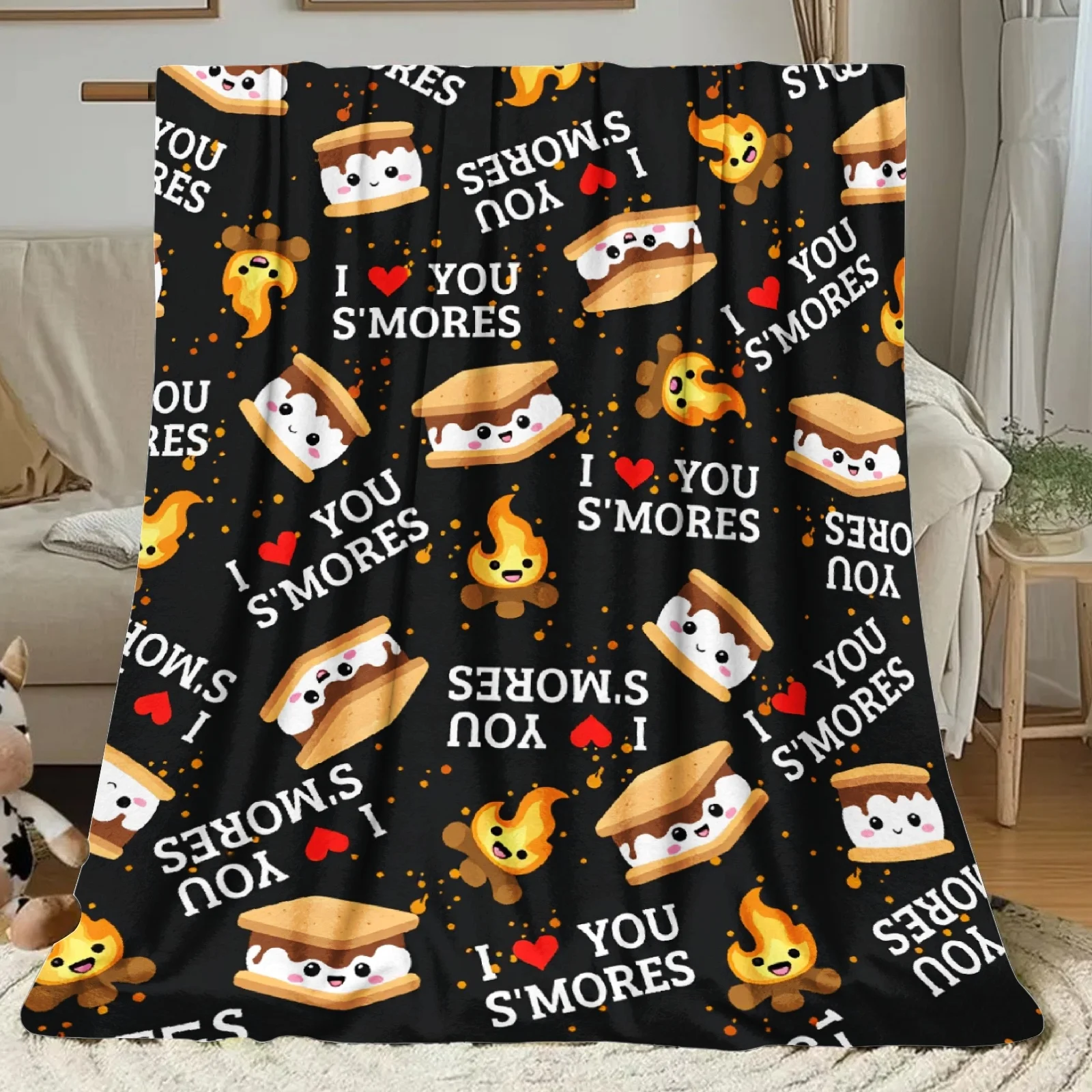 2D Flat Printing, 1pc Cartoon Food Style Blanket/Throw, Featuring S'Mores Sandwich Cute Flame Print Pattern Nap Mat, Suitable fo