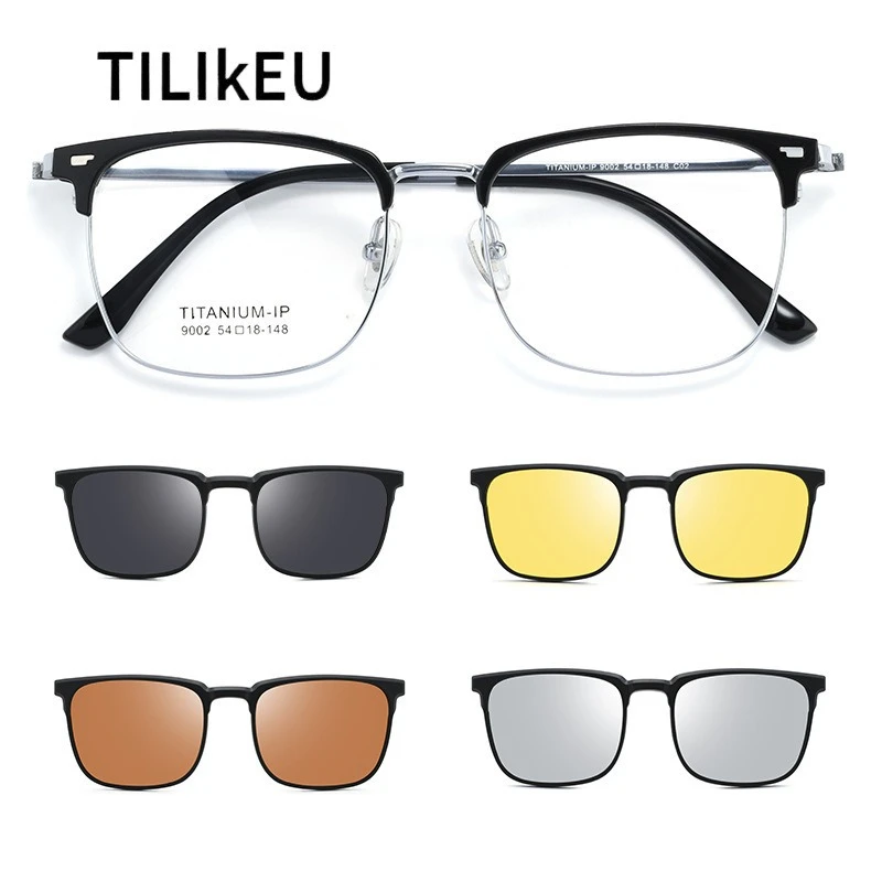 

New 4 in 1 Titanium Alloy Magnetic Prescription Reading Glasses for Men Retro Eyebrow Square Versatile Magnetic Sunglasses UV400