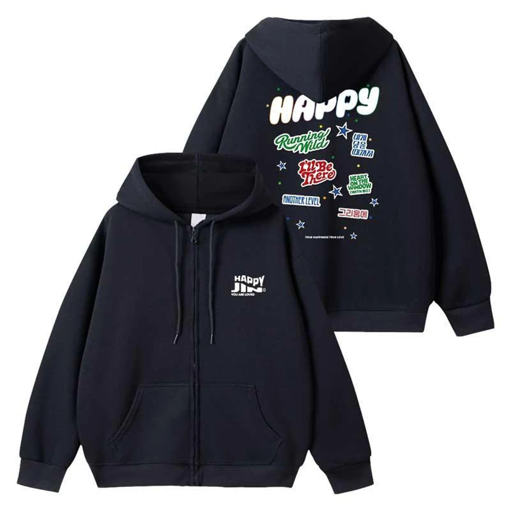 Winter Women's Hoodie JIN Happy Letter Print Cotton Long Sleeve Top Kpop Men Women Y2K Casual Simple Sweatshirt Clothing