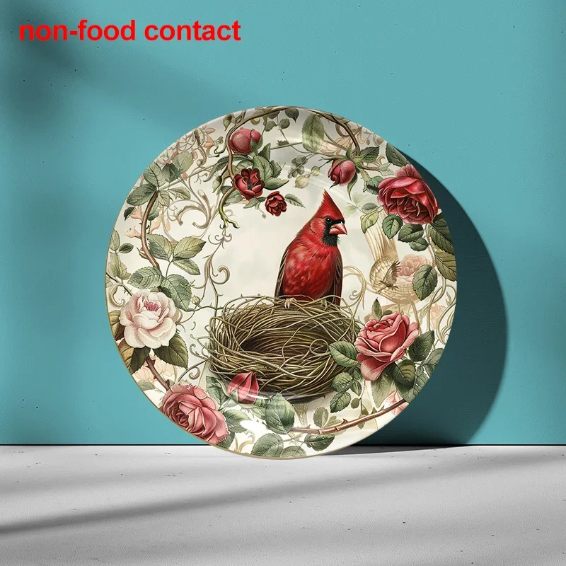 1pc Vintage Floral and Bird Wall Decor Plate - Elegant Red Roses & Birds in Nest Design, Non-Food Contact Ceramic Hanging Tray