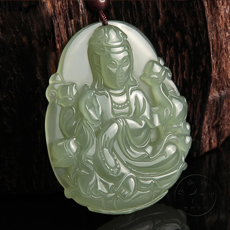 

Hotan Pendant, Ornament, and-Rich Green Guanyin Men's Jade Amulet