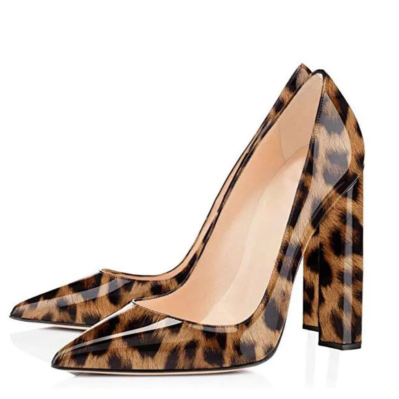 

Women Classic Thick-heeled Single Shoes Sexy Leopard Print Patent Leather Banquet Party Shoes