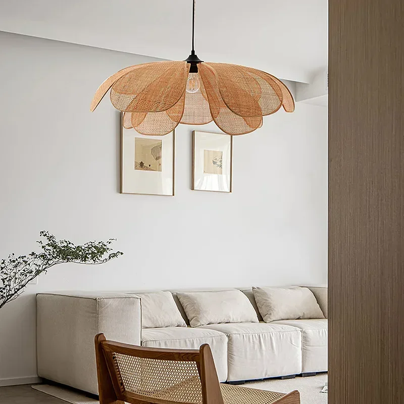 Japanese Style Wabi-sabi Style Zen Tea Room Woven Petal Pendant Lights Homestay Living Room Decoration Rattan LED Chandelier