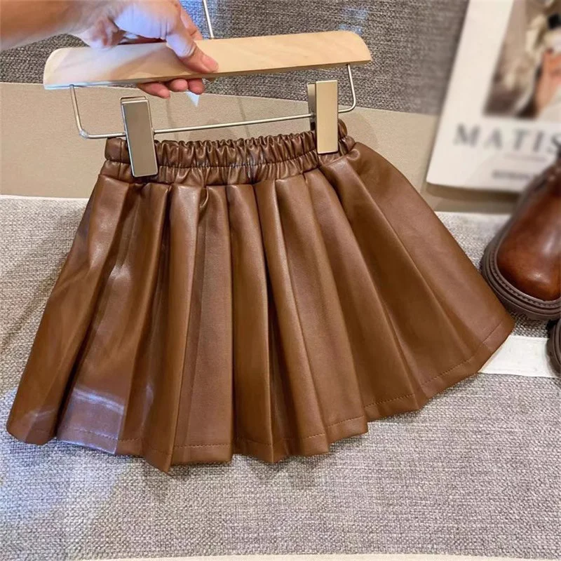 Children\'s Girls Pu Leather Skirt Little Princess Pleated Leather Short Skirt Children Waist Skirt Half Pleated Skirt