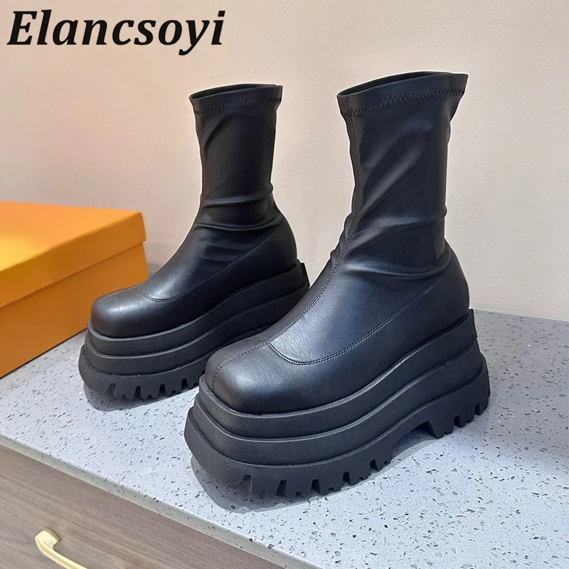 

Thick Soled Height Increasing Waterproof Real Leather Short Boots Women Retro Solid Color Ankle Botas Winter Casual British Boot