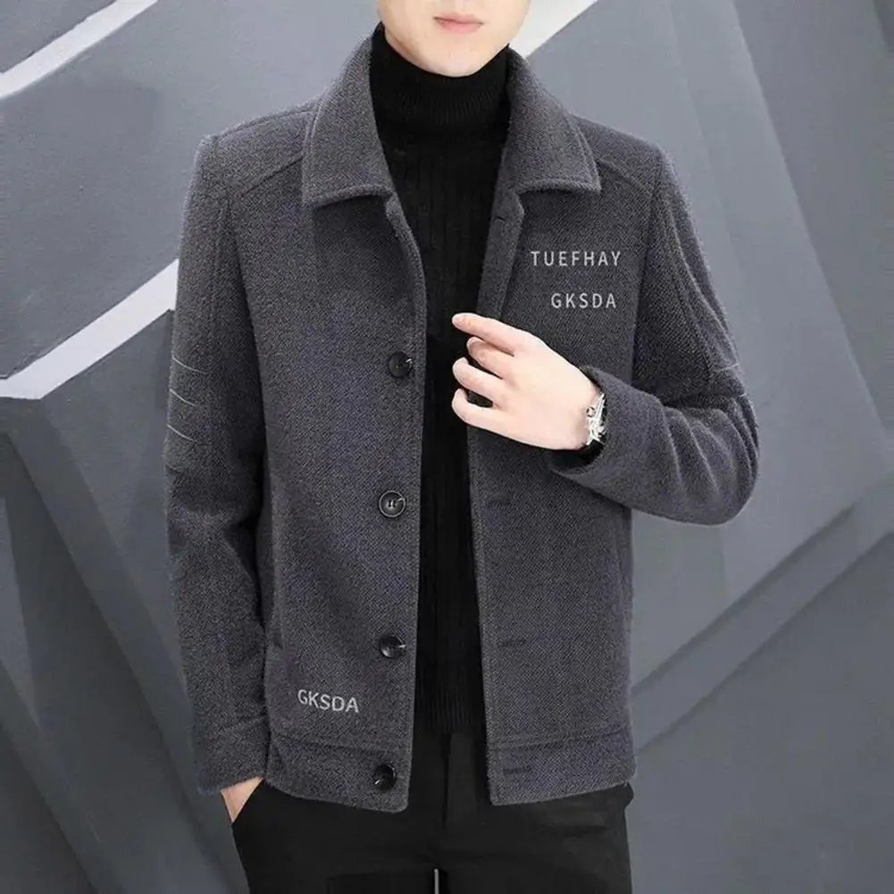 Men Jacket Men Lightweight Woolen Jacket Men's Woolen Lapel Jacket with Plush Lining Pockets Single Breasted Coat for Winter