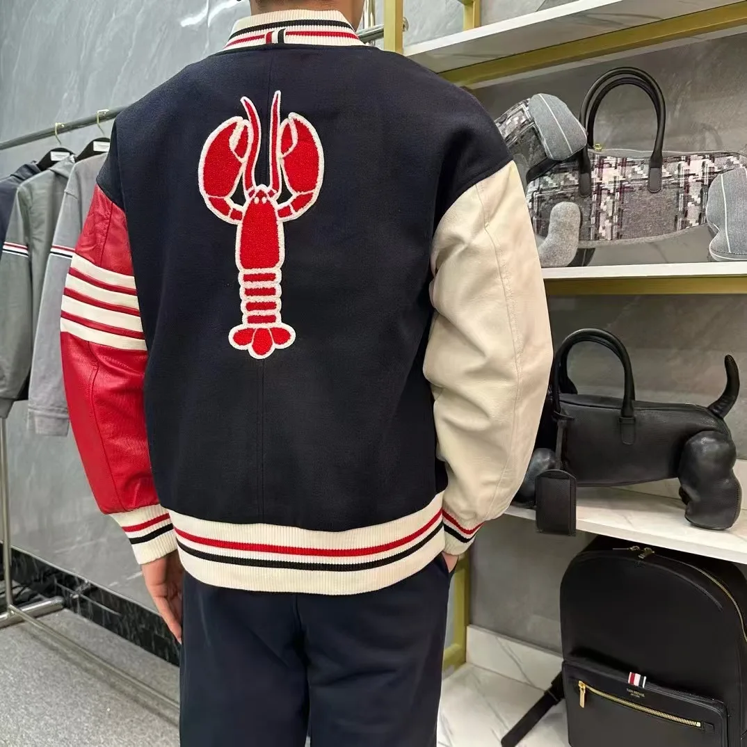 

Faionable Spring Autumn Plaid Lobster Embroidery Woolen Jaet Men's High End PU Leather Patchwork Casual Collar Zipper Coat