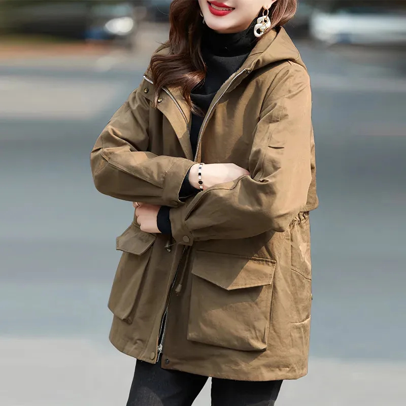 2024 New Spring Autumn Coat Women\'s Brown Black Jackets Loose Jacket Outerwear Fashion Hooded Pocket Overcoat Parka Female