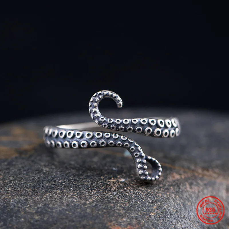 MKENDN Punk Vintage Unique 925 Sterling Silver Octopus Claw Tentacles  Ring For Men Women Gothic Trendy Street Jewelry