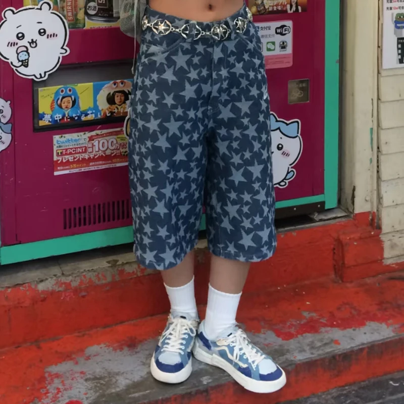 

PBAP Женские джинсовые шорты-карго со звездным узором для бойфренда, летние прямые мешковатые джинсовые шорты с низкой талией и карманами, модная уличная одежда в стиле хип-хоп