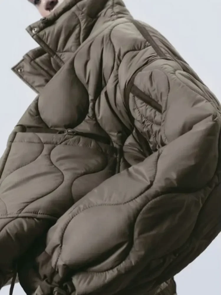 Quilted coat for women ETJ QUILTED JACKET WITH TIES new beige drawstring high neck pocket clip cotton jacket for women 2025