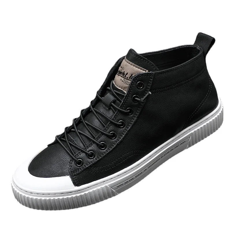 100% Genuine Leather Shoes Men High top Footwear Fashion Street Style Black White Shoes Mens Casual Shoes Big Size 45 KA4326