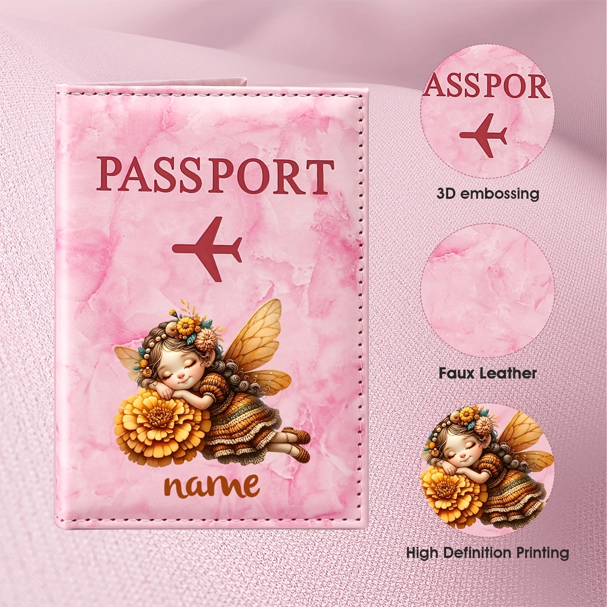 Custom Name Autumn Fairy Illustration Design PU Passport Holder, Featuring Golden Wreath And Butterfly Elements That Showcase