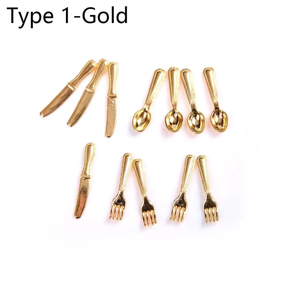 12PCS Metal Kitchen 1:12 Scale Simulation Mini Cutlery Fork Knife Spoon Miniature Cookware  Accessory