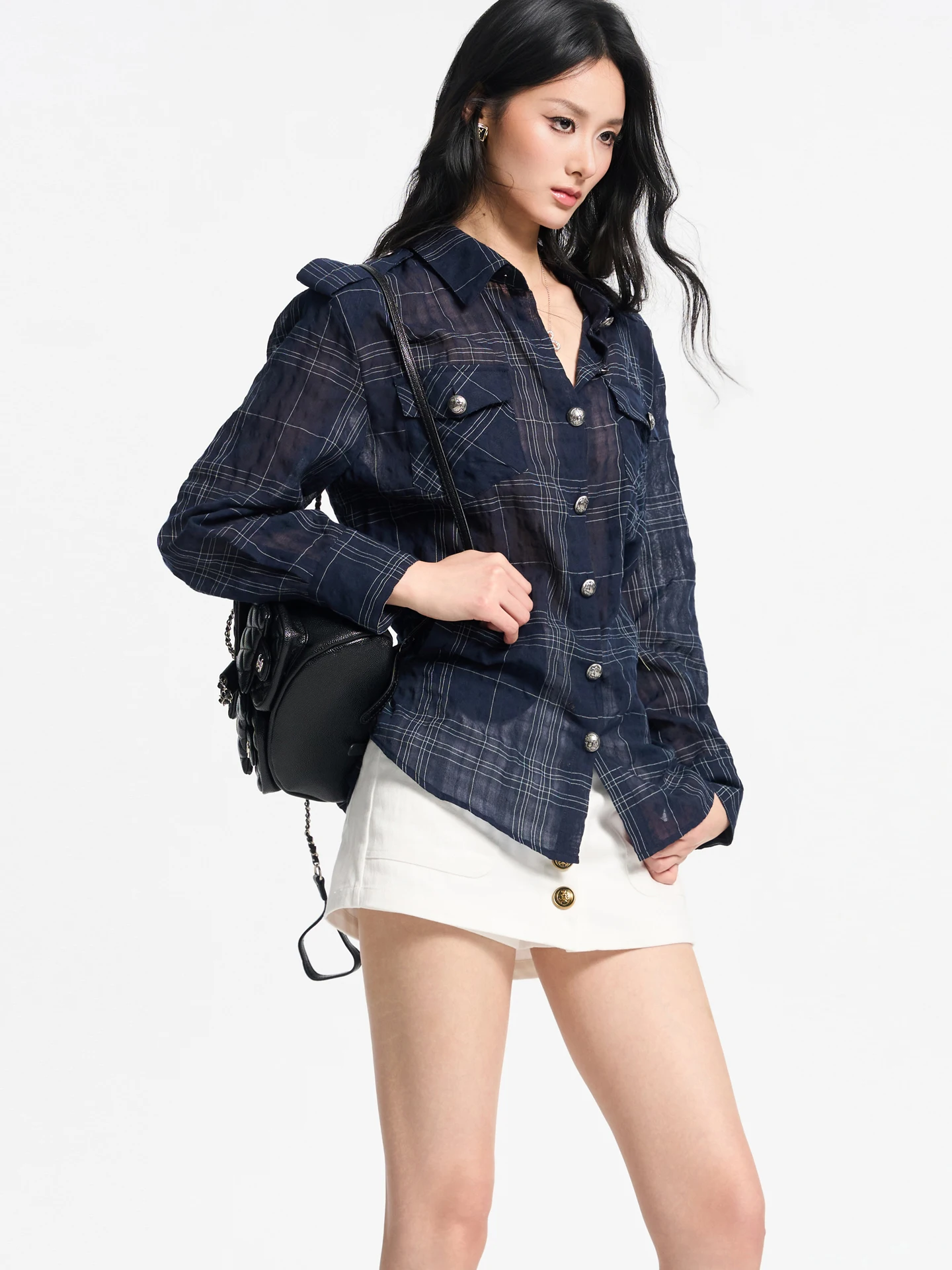 

Рубашка Tuwhy Original Design в клетку, женская, темно-синяя, рабочая одежда, с длинными рукавами, свободного кроя, из смеси хлопка и полиэстера, в британском стиле