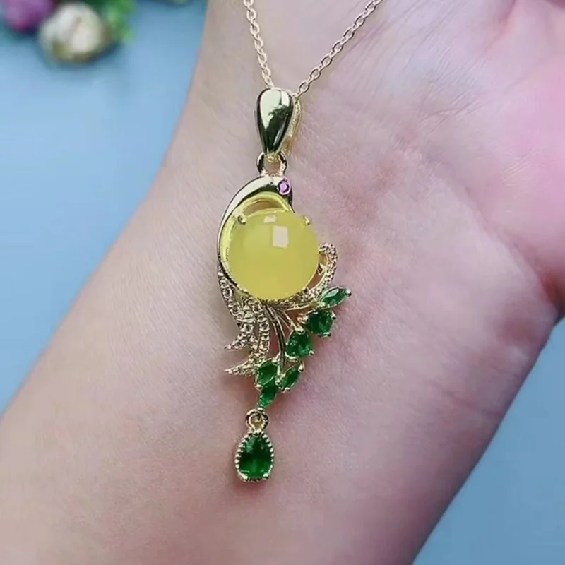 

Natural Ice Jade Phoenix Chalcedony Pendant Full Diamond Luxury Inlaid Agate Ancient Gold Inlaid Jade Emerald Women's Clavicle C