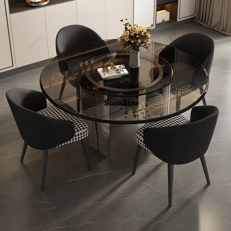 

Light luxury household small apartment, modern simple round stainless steel dining table and chair combination