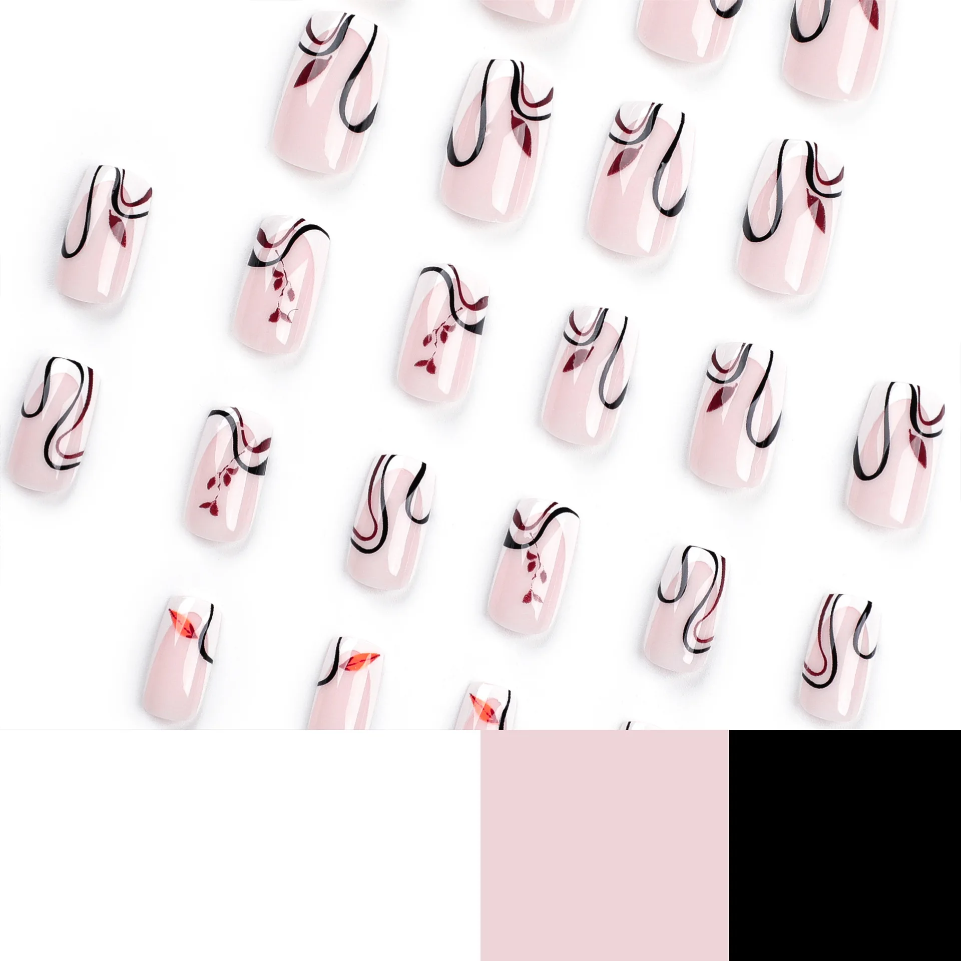 24Pcs rectangular False Nail French white border autumn and winter deciduous leaves Wearable Manicure Press ON Nails Solid