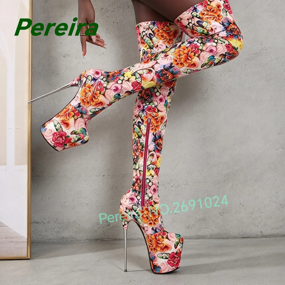 Floral Print Over The Knee Boots Thick Platform Metal Stiletto High Heel Side Zip Thigh High Boots Patchwork Nightclub Shoes