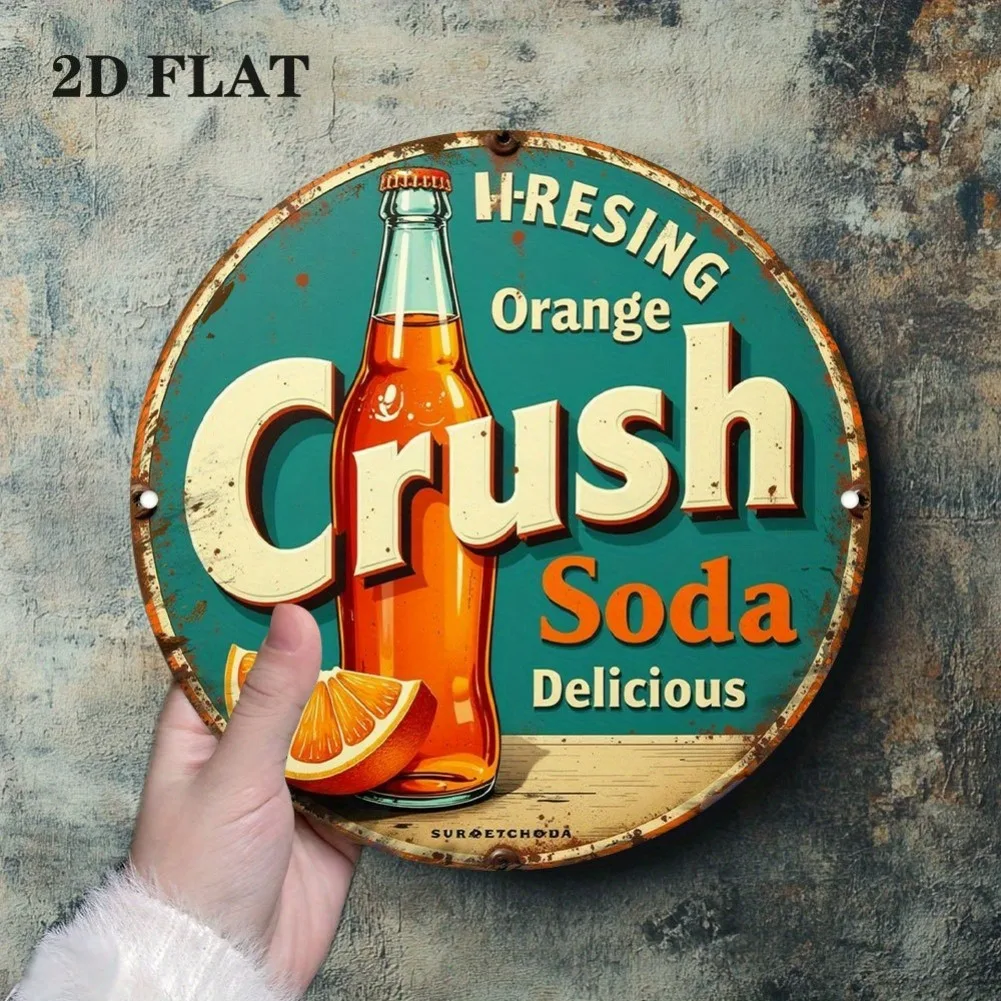 لافتة معدنية مسطحة ثنائية الأبعاد، قطعة واحدة من "HResing Orange Crush Soda" - ديكور عشاء قديم من الخمسينيات من القرن الماضي، أزرق مخضر - فن جداري من الألومنيوم خفيف الوزن