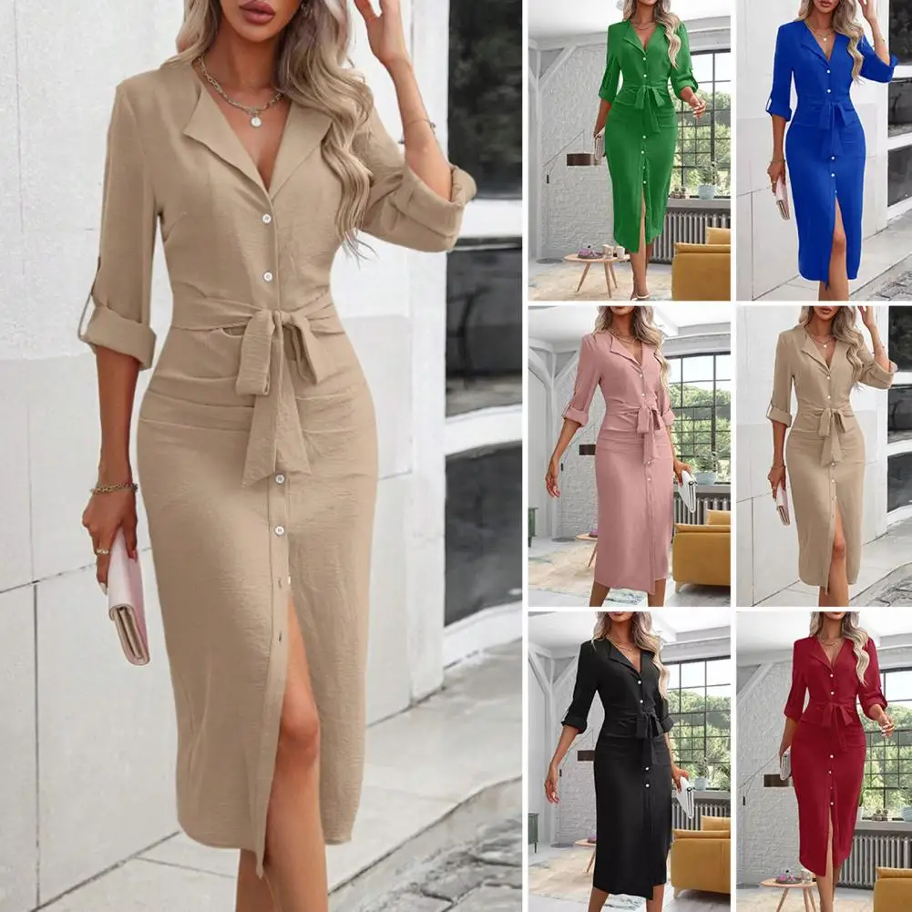 Plus Size Spring Autumn Solid Color Matching Belt V-Neck Long Sleeves Fashion Commuting Slim Fit Mid Length Elegant Style Dress