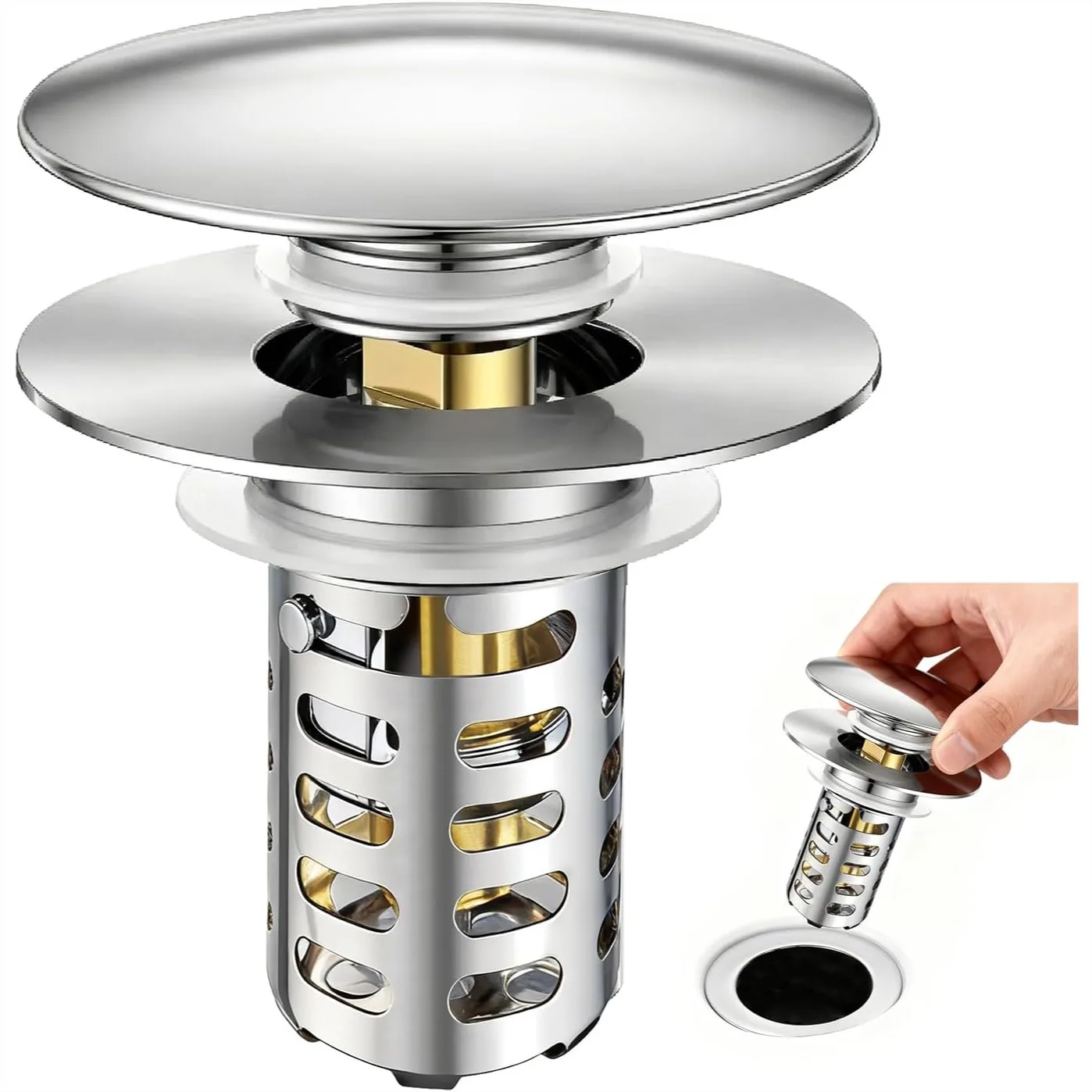 

Pop Up Bathroom Sink Stopper with Hair Catcher, Universal Fit for Drains 1.1"-2.17", Brass Core & Stainless Steel Mesh, Easy