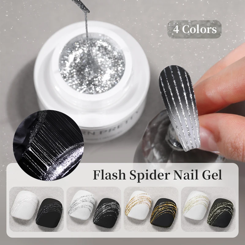 BORN PRETTY 5ml Klares Flash Spider Zeichnungsgel für Nägel Funkelnder Glitzer Gold Silber Drahtmalerei UV-Gel Abziehbarer Maniküre-Gel