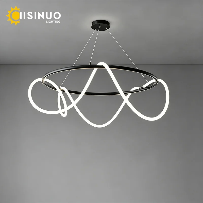 Modern Art Curved Silicone LED Round Pendant Light Gold Metal Frame 3 Color Changing Chandelier Minimalist Home Decor Dining Roo
