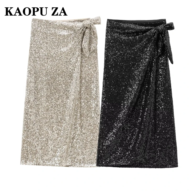 KAOPU ZA 2024 New Summer Woman Casual Sequins Solid Color Midi Skirt Female Party Bow Ruffles Regular Fit High Waist A-lineskirt