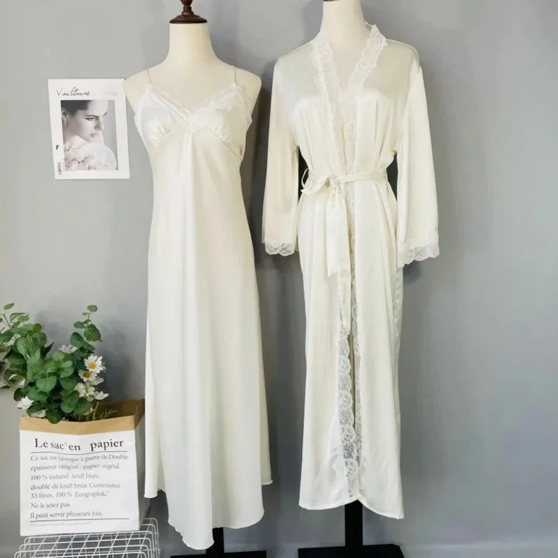 

2 Pieces Bathrobe Nightgown Sleep Set Women Lace Wedding Robe Gown Suit Nightdress Sleepwear Sexy Summer Satin Home Wear d'4o