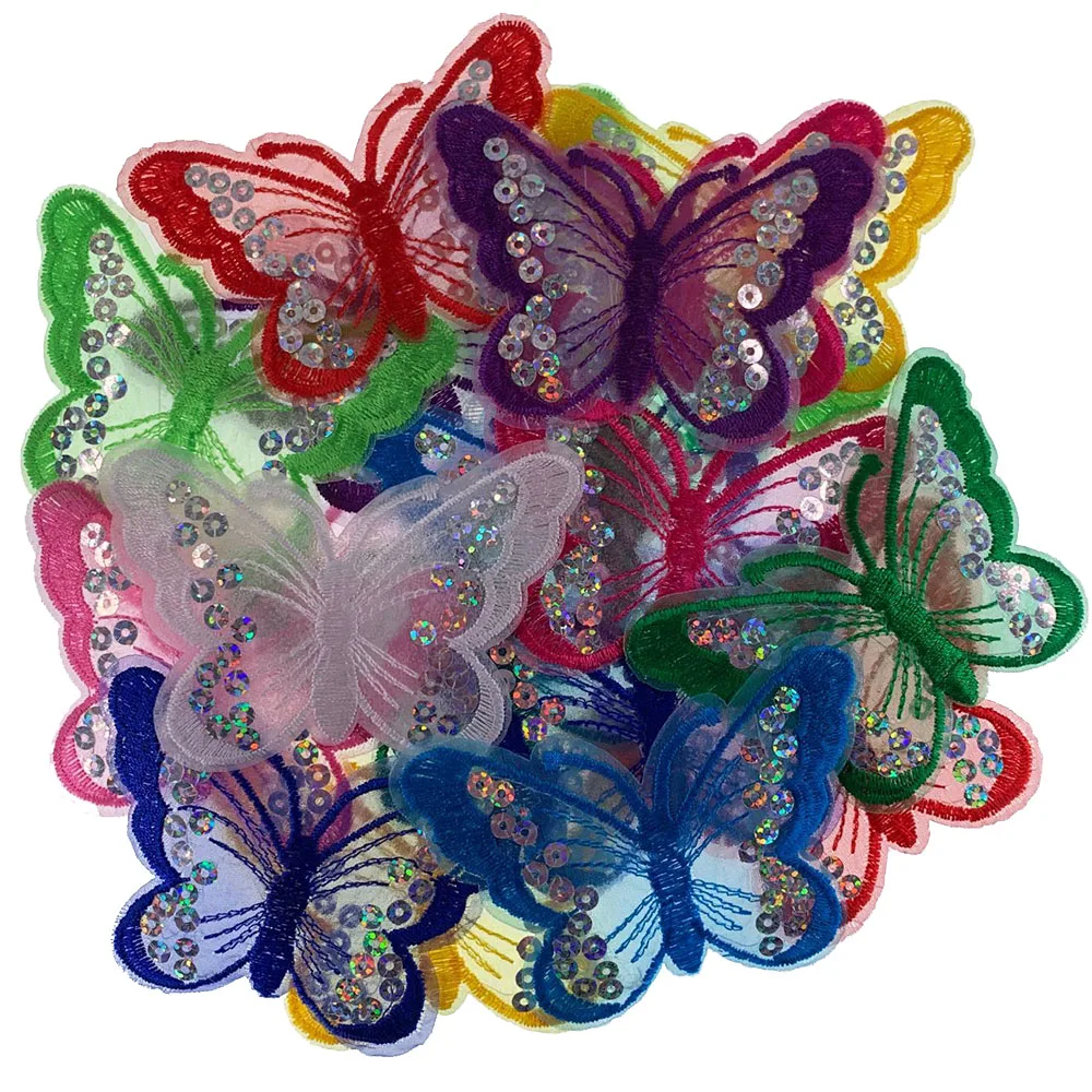 10Pcs Mixing Sequins Patch Embroidered Butterfly Iron On Patches For Clothing Badge Sticker Apparel Accessories 9 x 6.5cm