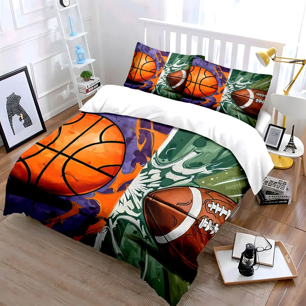 Split Color Basketball & American Football Graffiti Duvet Cover Set,Sport Pop Art Bedding Includes 1 Duvet Cover 2 Pillowcase