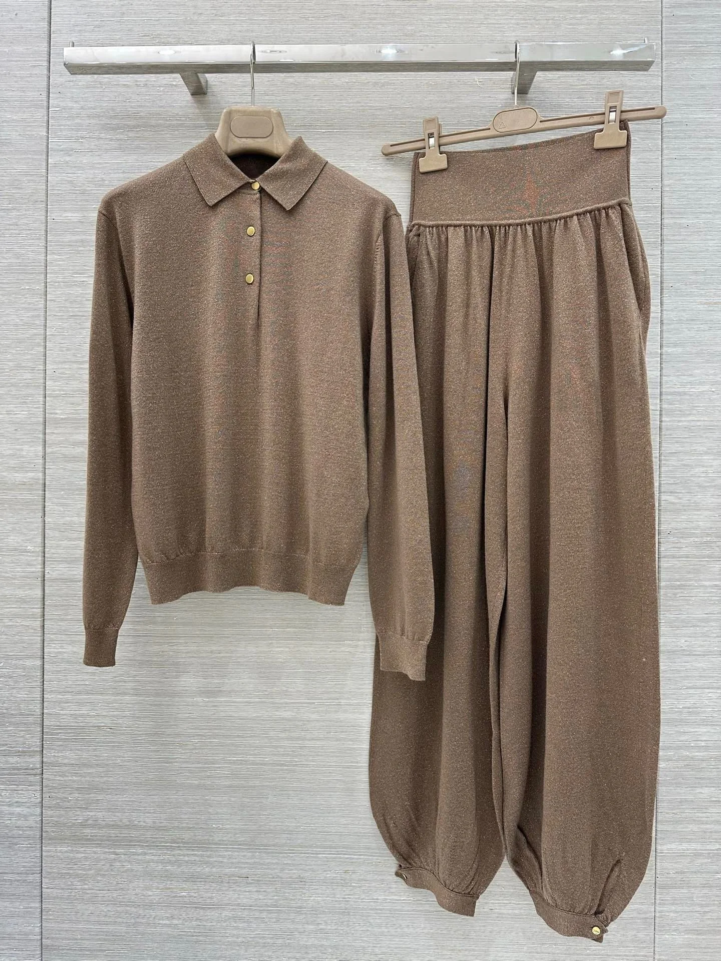 

Women Cashmere Blend Pants Suit Front Buttons Turn-down Collar Long Sleeve Sweater + Elastic Waist Wide Leg Pants Knitted Set